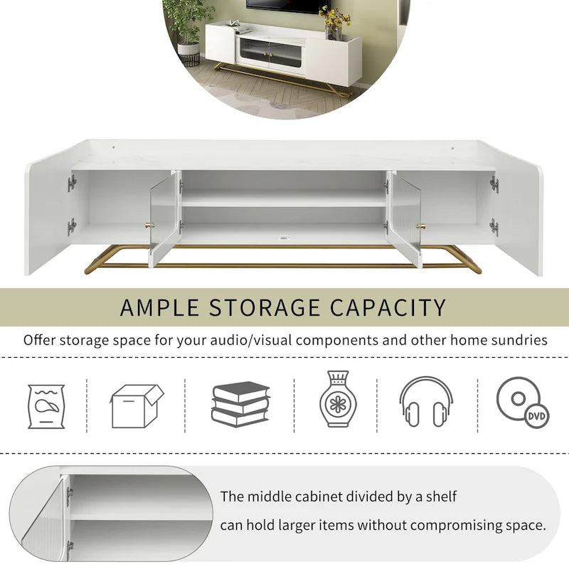 Meuble TV 63.07 avec cadre en verre et or pour téléviseurs de 70 pouces