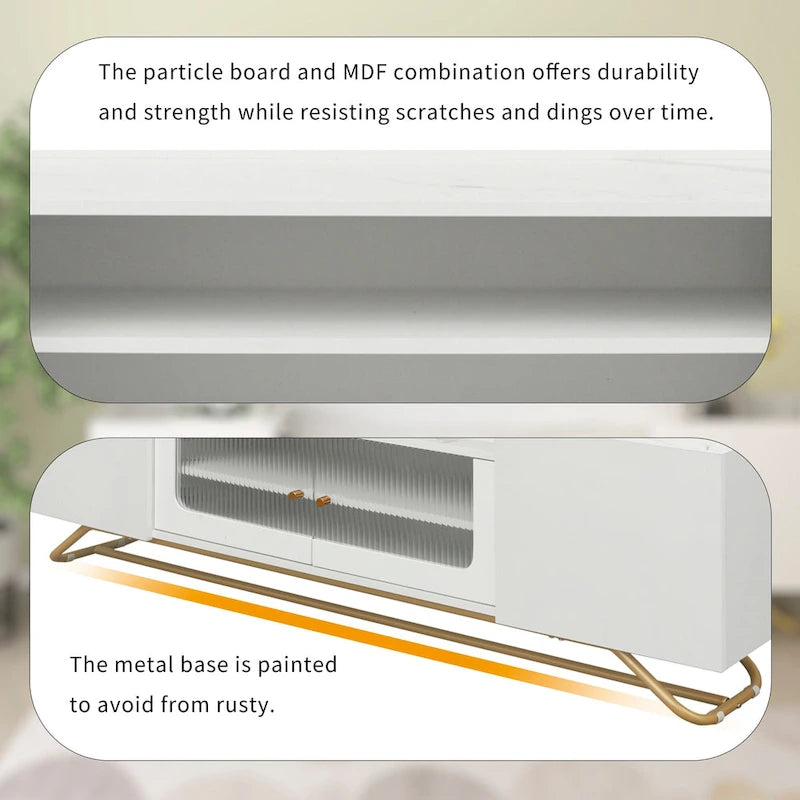 Meuble TV 63.07 avec cadre en verre et or pour téléviseurs de 70 pouces