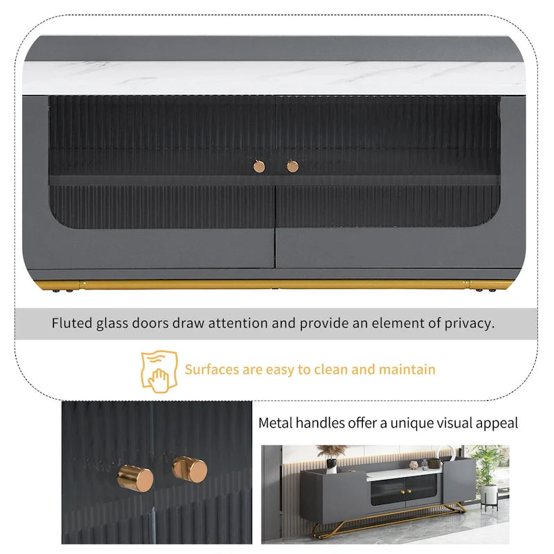 Meuble TV 63.07 avec cadre en verre et or pour téléviseurs de 70 pouces