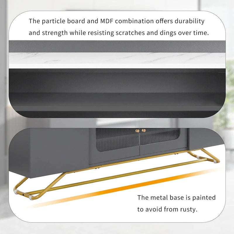 Meuble TV 63.07 avec cadre en verre et or pour téléviseurs de 70 pouces