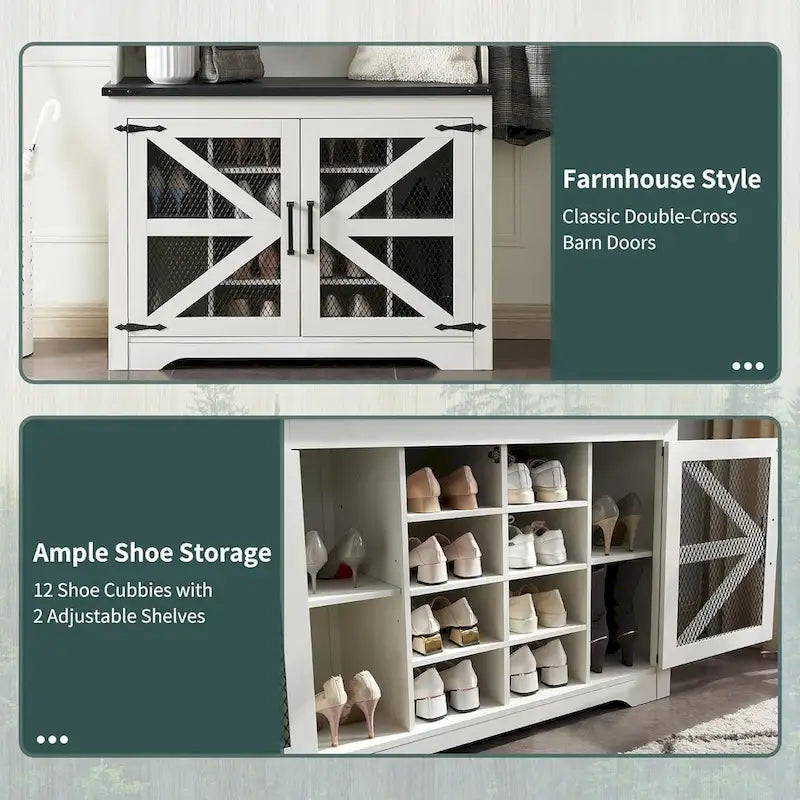 Banc d'entrée de style campagnard de 42 pouces de large avec porte-manteau et armoire de vestiaire