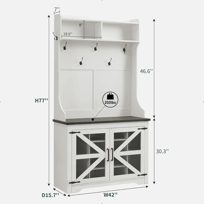 Banc d'entrée de style campagnard de 42 pouces de large avec porte-manteau et armoire de vestiaire