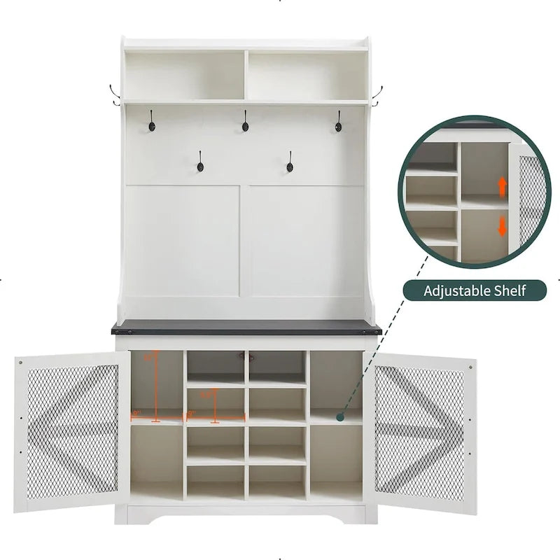 Banc d'entrée de style campagnard de 42 pouces de large avec porte-manteau et armoire de vestiaire