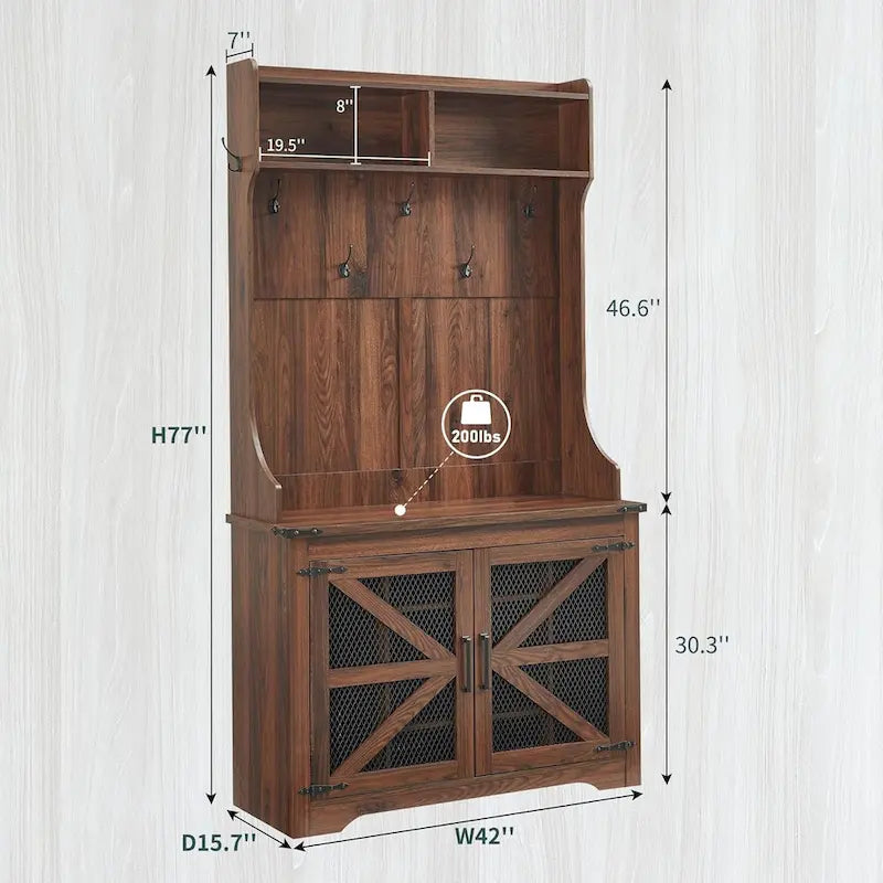 Banc d'entrée de style campagnard de 42 pouces de large avec porte-manteau et armoire de vestiaire