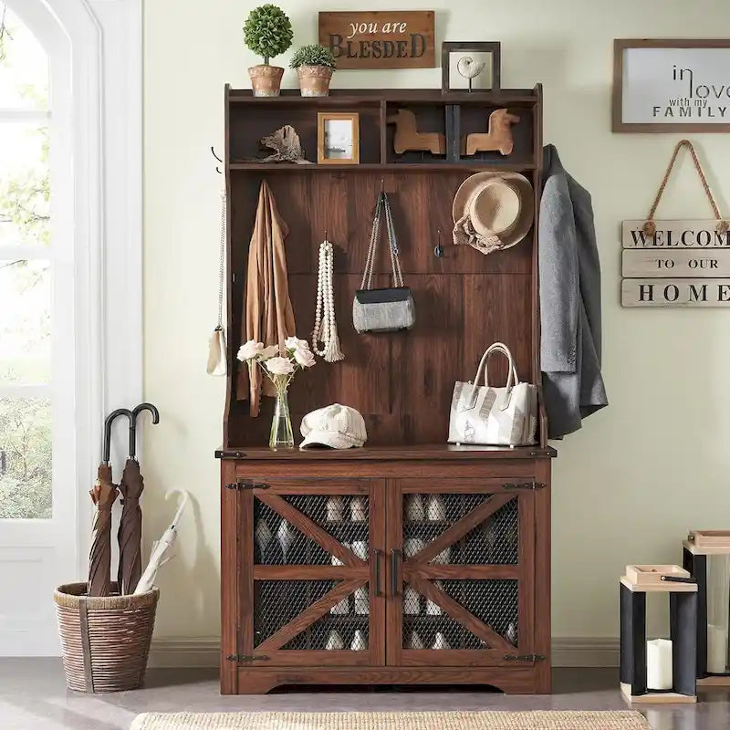 Banc d'entrée de style campagnard de 42 pouces de large avec porte-manteau et armoire de vestiaire