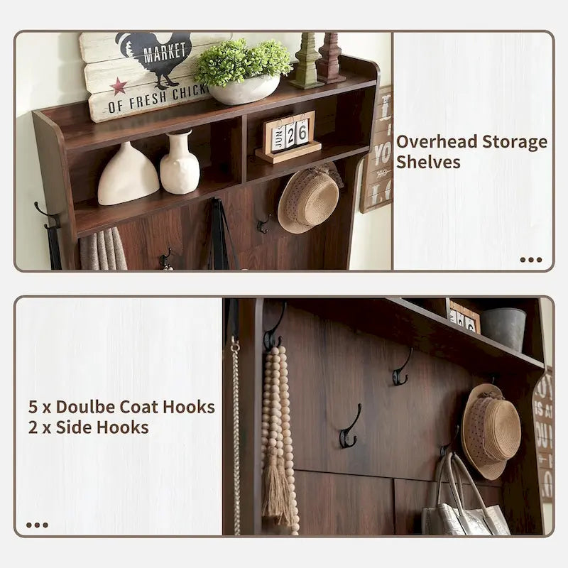 Banc d'entrée de style campagnard de 42 pouces de large avec porte-manteau et armoire de vestiaire
