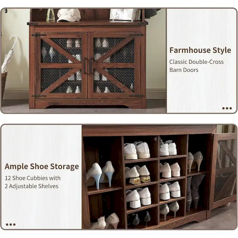 Banc d'entrée de style campagnard de 42 pouces de large avec porte-manteau et armoire de vestiaire