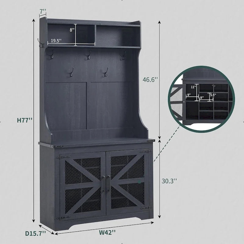 Banc d'entrée de style campagnard de 42 pouces de large avec porte-manteau et armoire de vestiaire