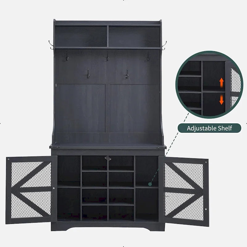 Banc d'entrée de style campagnard de 42 pouces de large avec porte-manteau et armoire de vestiaire