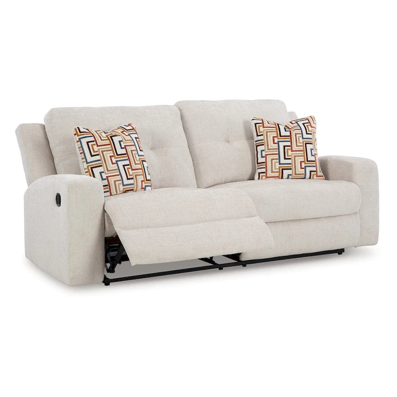 Canapé inclinable manuel Genna, polyester beige clair, 2 coussins, 221 cm