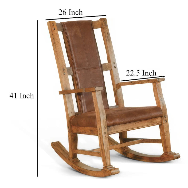 Fauteuil à bascule Marv avec assise et dossier en similicuir, chêne rustique brun