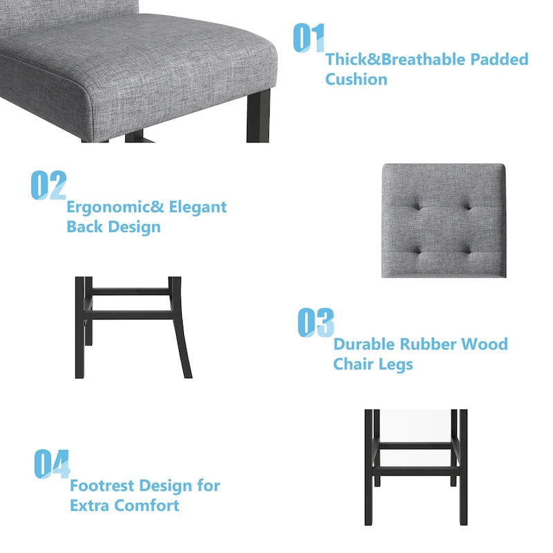 Ensemble de salle à manger 5 pièces, hauteur comptoir, comprenant une table rectangulaire en bois et 4 chaises rembourrées à dossier haut.