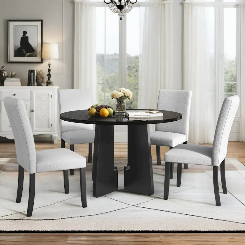5 Pcs Wood Kitchen Table and Chair Set, 4 People Round Dining Table Set with Faux Marble Top and 4 Upholstered Chairs