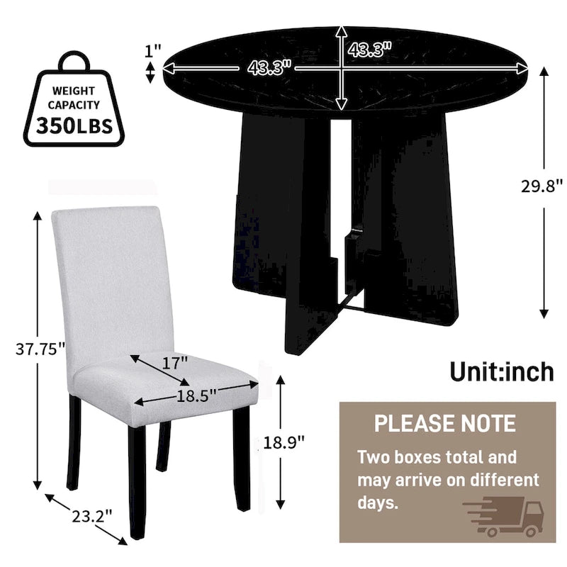 Ensemble table et chaises de cuisine en bois 5 pièces, table ronde pour 4 personnes avec plateau en faux marbre et 4 chaises rembourrées