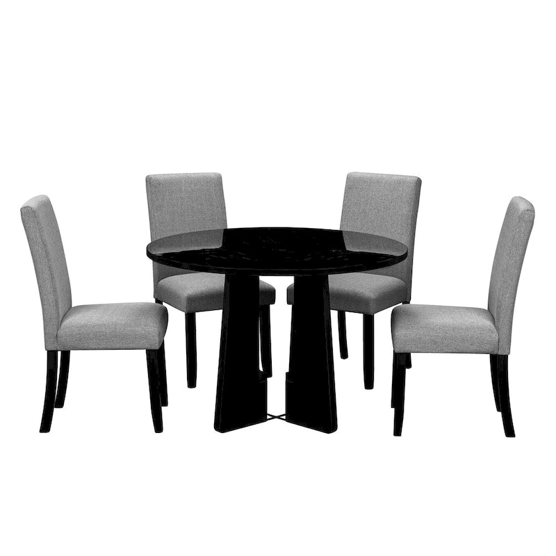 Ensemble table et chaises de cuisine en bois 5 pièces, table ronde pour 4 personnes avec plateau en faux marbre et 4 chaises rembourrées