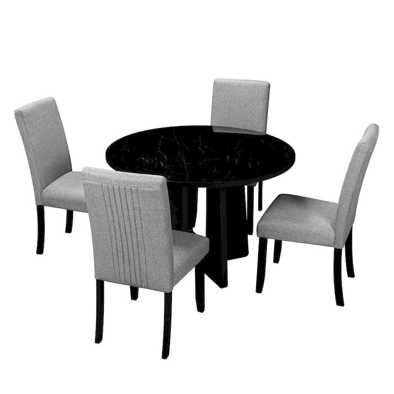 Ensemble table et chaises de cuisine en bois 5 pièces, table ronde pour 4 personnes avec plateau en faux marbre et 4 chaises rembourrées
