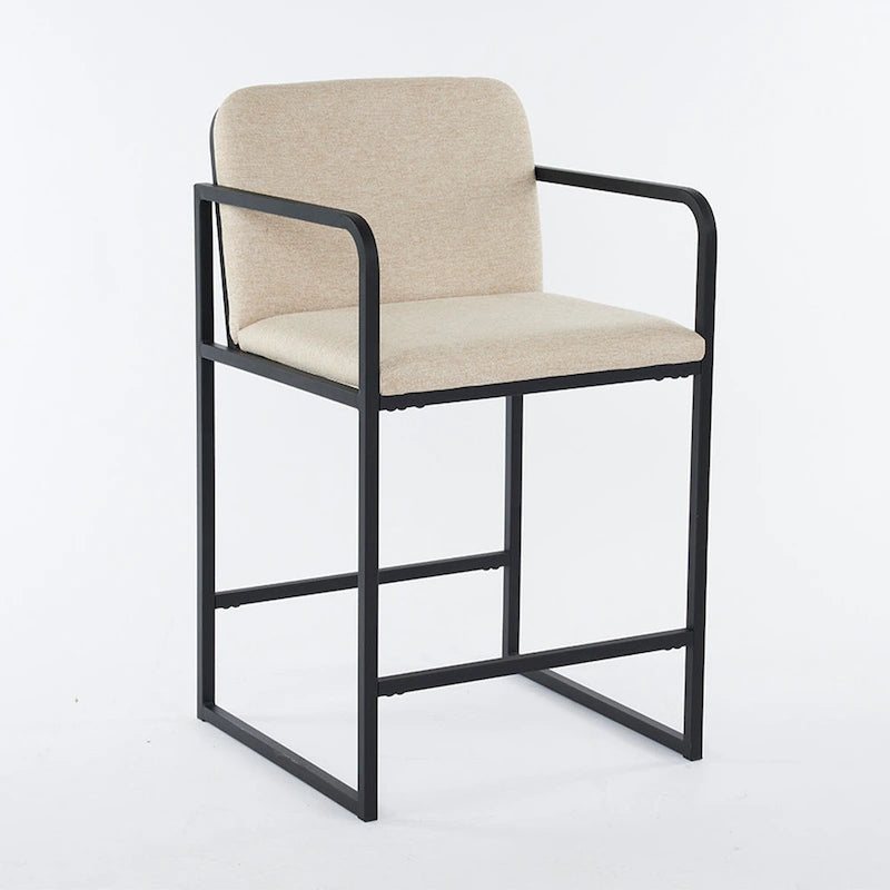 Lot de 2 tabourets de bar modernes rembourrés, hauteur comptoir, avec accoudoirs, structure en métal et assise rembourrée.