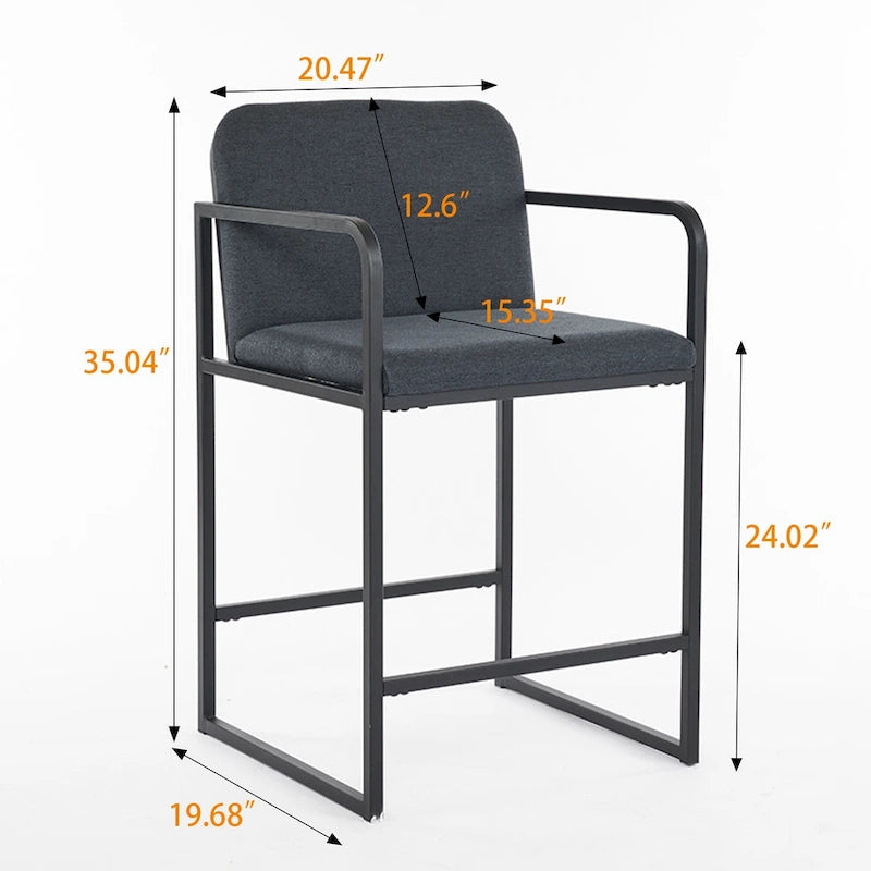 Lot de 2 tabourets de bar modernes rembourrés, hauteur comptoir, avec accoudoirs, structure en métal et assise rembourrée.