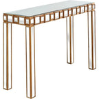 Console rectangulaire dorée à miroir et piètement en verre à quatre pieds - 43 cm L x 14 cm l x 31 cm H