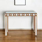 Console rectangulaire dorée à miroir et piètement en verre à quatre pieds - 43 cm L x 14 cm l x 31 cm H