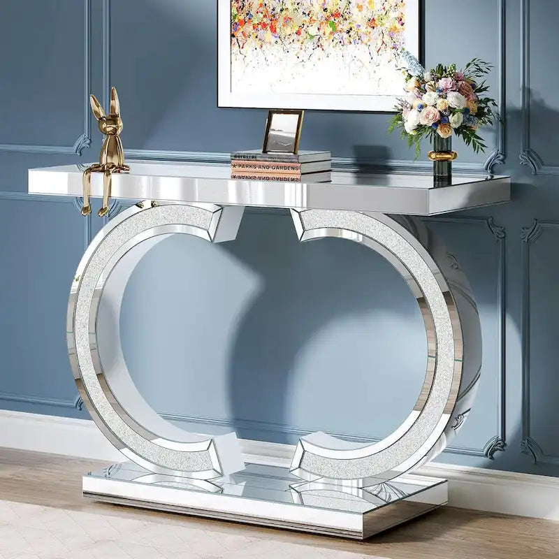 Console argentée, table d'entrée avec miroir de 39 pouces pour l'entrée