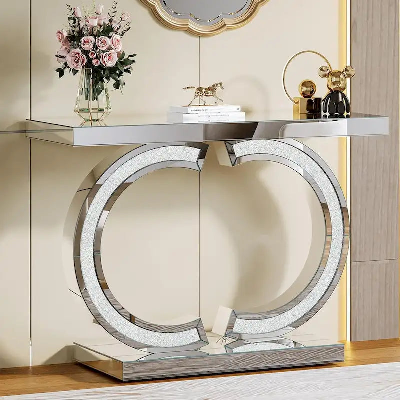 Console argentée, table d'entrée avec miroir de 39 pouces pour l'entrée