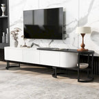 Modern Black White Retractable TV Stand with 3 Drawers and Metal Adjustable Legs for Living Room Bedroom