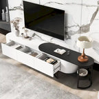 Meuble TV rétractable moderne noir et blanc avec 3 tiroirs et pieds réglables en métal pour salon ou chambre