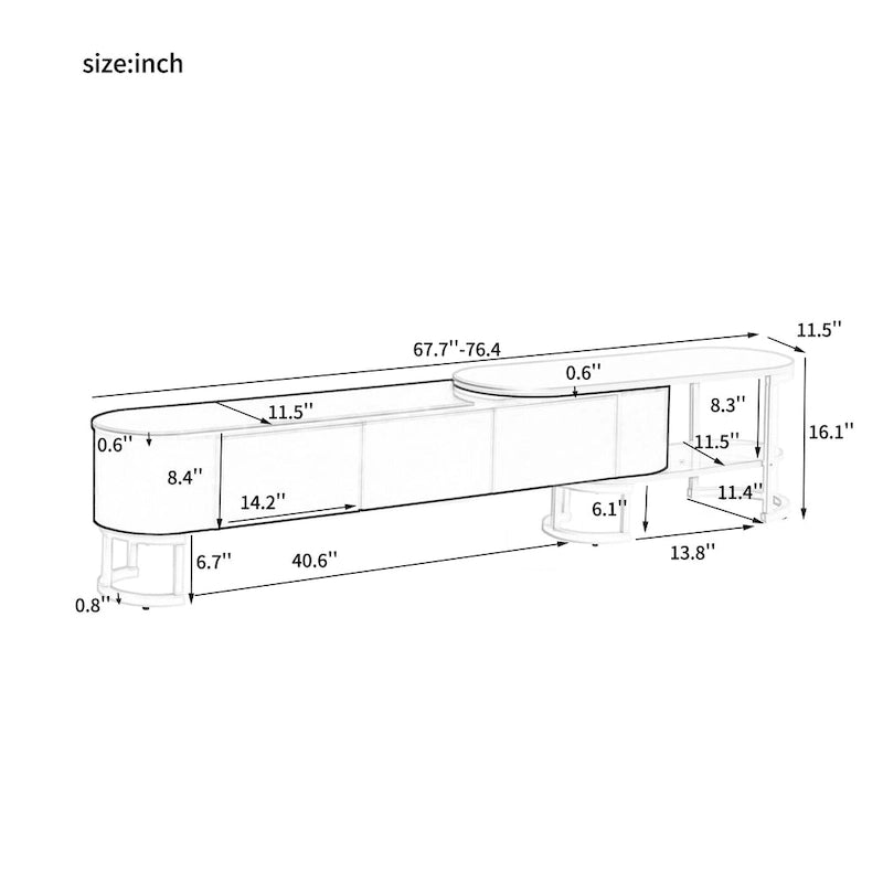 Meuble TV rétractable moderne noir et blanc avec 3 tiroirs et pieds réglables en métal pour salon ou chambre