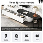 Meuble TV rétractable moderne noir et blanc avec 3 tiroirs et pieds réglables en métal pour salon ou chambre