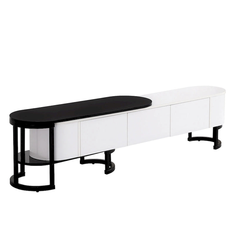 Meuble TV rétractable moderne noir et blanc avec 3 tiroirs et pieds réglables en métal pour salon ou chambre