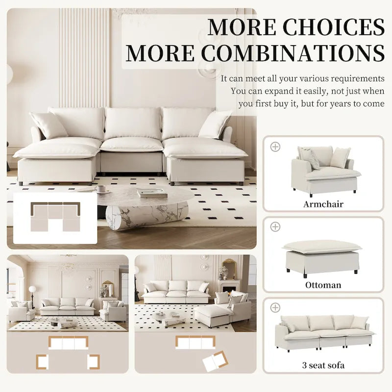 U Shaped Cloud Couch Set Chenille Sectional Sofa w/Ottoman, Pillows