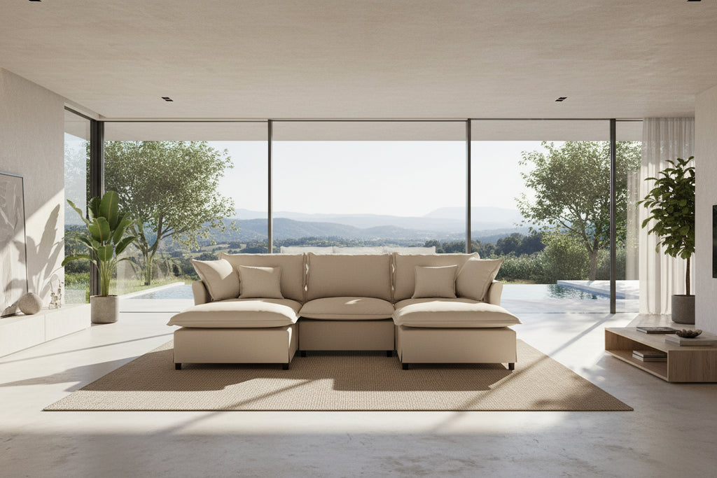 Ensemble canapé d'angle en chenille motif nuage en forme de U avec pouf et coussins