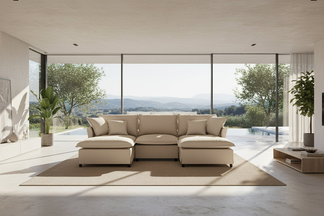 U Shaped Cloud Couch Set Chenille Sectional Sofa w/Ottoman, Pillows