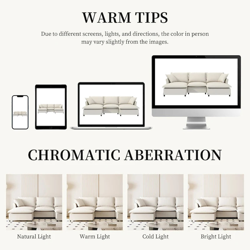 Ensemble canapé d'angle en chenille motif nuage en forme de U avec pouf et coussins