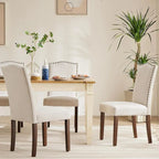 Dark Brown Leather Upholstered Dining Chair Set of 2 w/Nailhead Trim and Wood Legs for Dining Room