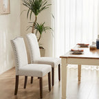 Ensemble de 2 chaises de salle à manger rembourrées en cuir marron foncé avec garniture cloutée et pieds en bois pour salle à manger