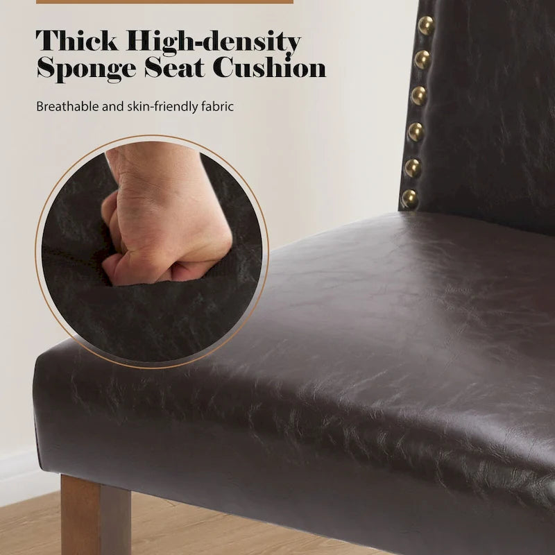 Ensemble de 2 chaises de salle à manger rembourrées en cuir marron foncé avec garniture cloutée et pieds en bois pour salle à manger