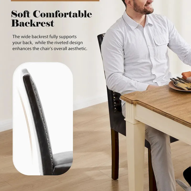 Ensemble de 2 chaises de salle à manger rembourrées en cuir marron foncé avec garniture cloutée et pieds en bois pour salle à manger