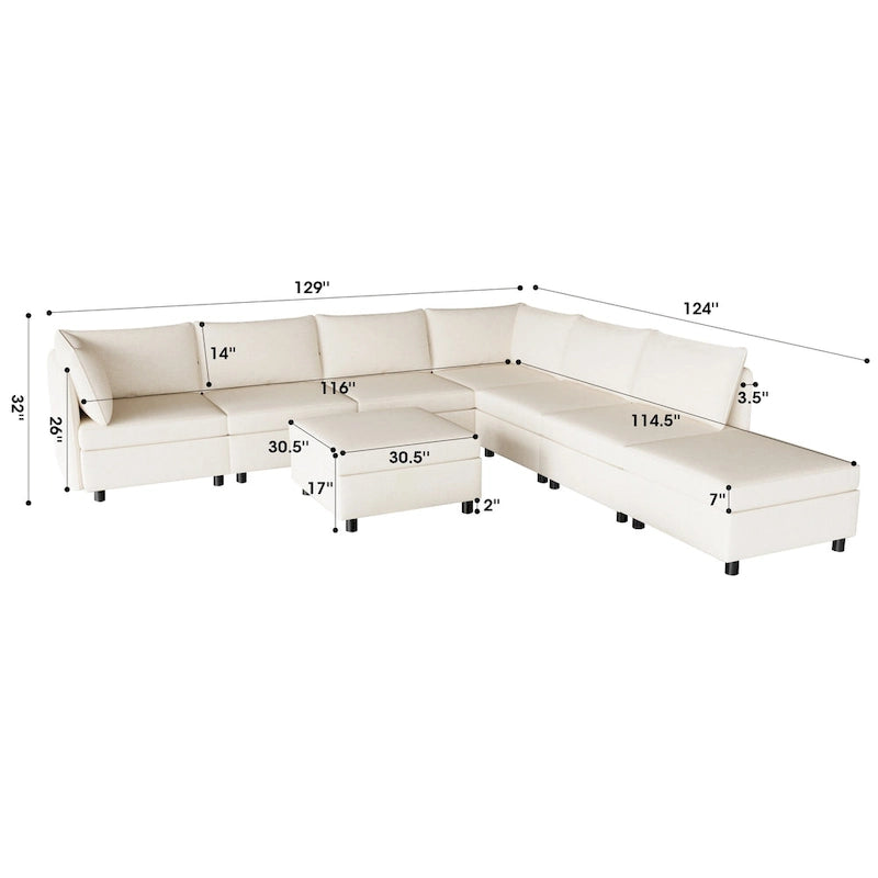 Canapé modulable convertible 8 places beige 129 avec rangement
