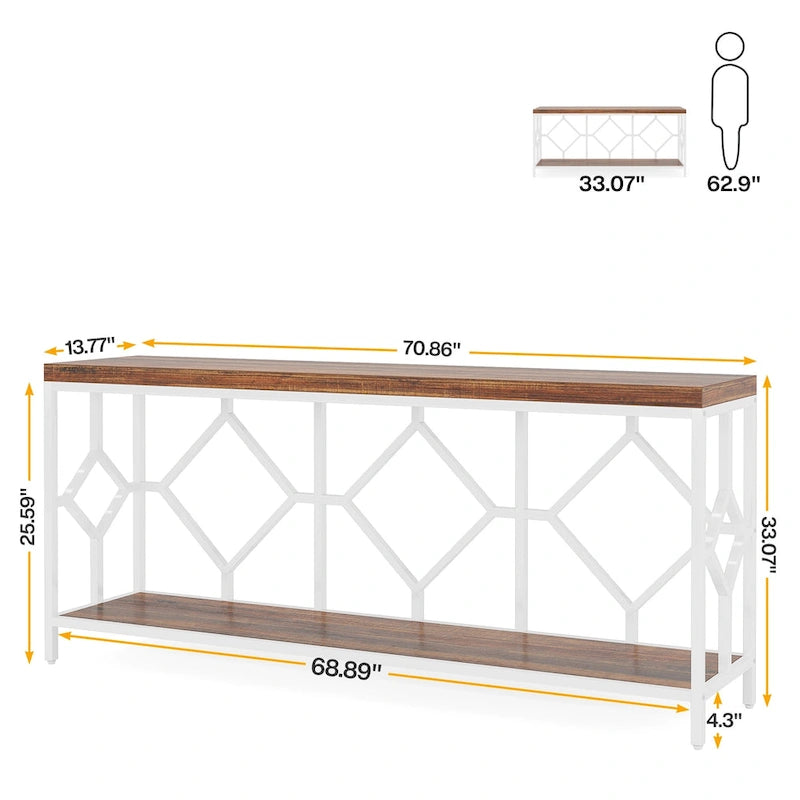 Table console extra longue de 180 cm avec étagère de rangement ouverte, table d'entrée étroite à placer derrière le canapé
