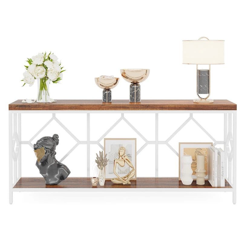 Table console extra longue de 180 cm avec étagère de rangement ouverte, table d'entrée étroite à placer derrière le canapé