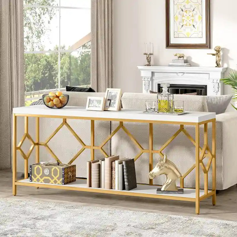 Table console extra longue de 180 cm avec étagère de rangement ouverte, table d'entrée étroite à placer derrière le canapé