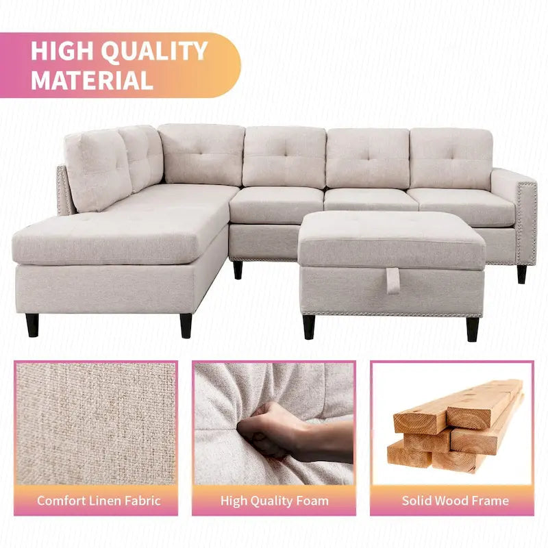 Canapé d'angle Mixoy en forme de L avec 2 porte-gobelets et pouf de rangement