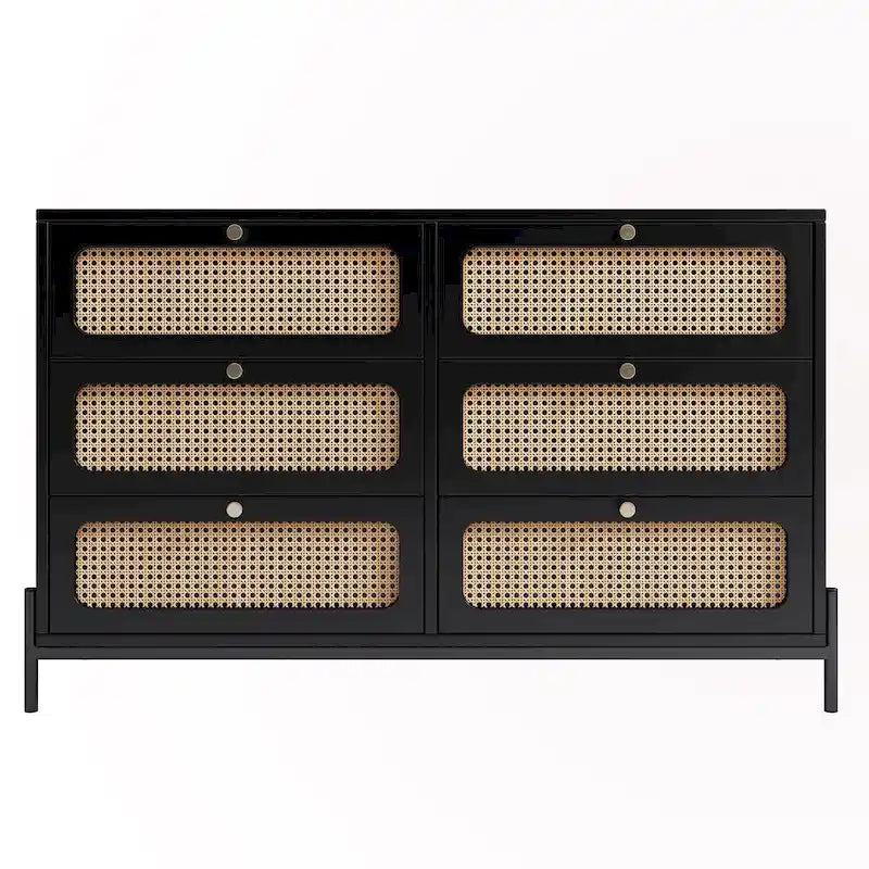 Table de chevet en rotin et bois à 6 tiroirs