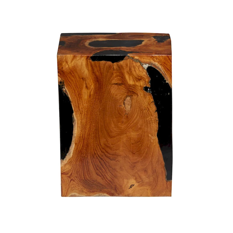 Table d'appoint en bois de teck avec incrustations de résine noire - Brun - Roche River Decor - 28 x 30 x 38 cm