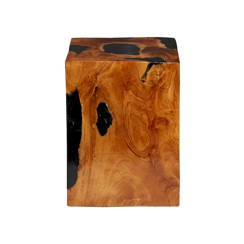 Table d'appoint en bois de teck avec incrustations de résine noire - Brun - Roche River Decor - 28 x 30 x 38 cm