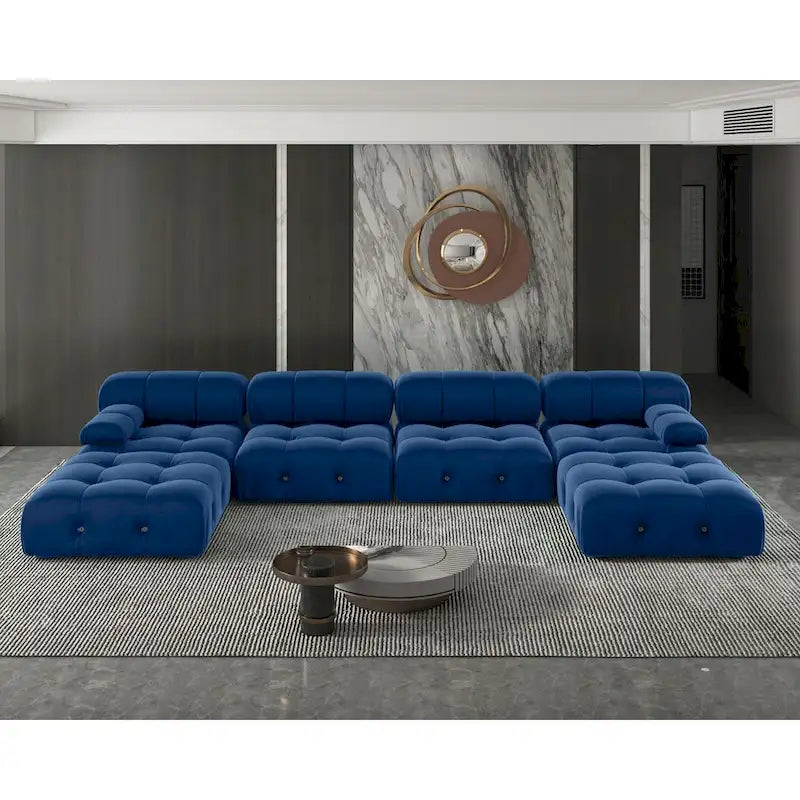 Canapé d'angle 6 pièces en velours, en forme de U, 4 places avec 2 poufs