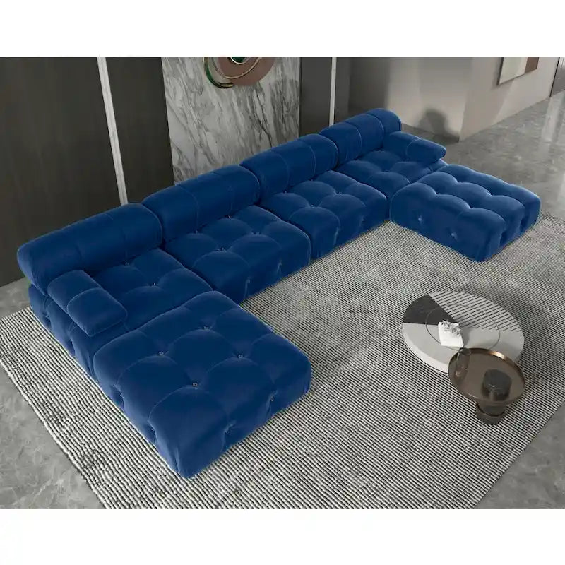 Canapé d'angle 6 pièces en velours, en forme de U, 4 places avec 2 poufs