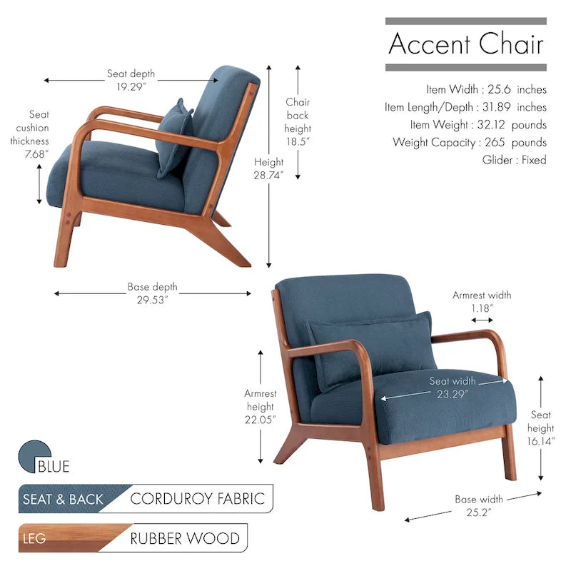 Fauteuil d'appoint Biana en velours côtelé avec coussin et structure en bois d'hévéa de Porthos Home